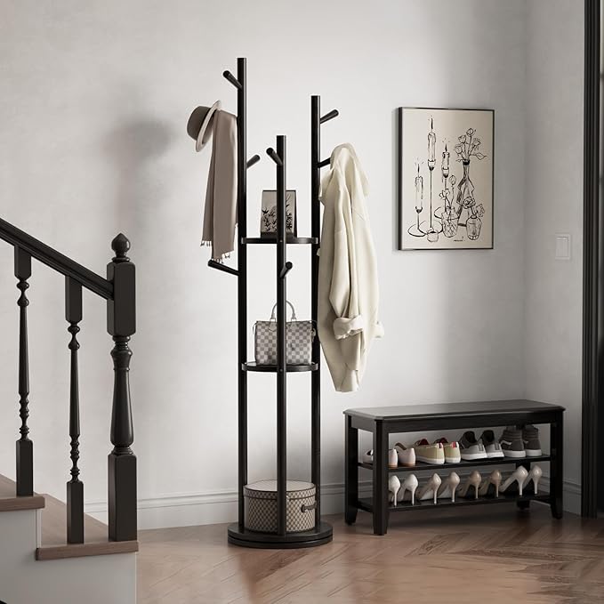 Solid Wood Rotary Coat Rack, Freestanding Coat Rack with 3 Shelves and 9 Hooks, Coat tree for Bedroom, Entryway, Livingroom, Coat Hanger Stand for Coats, Scarves, Handbags (Black)