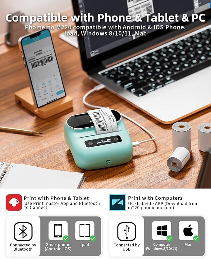Phomemo Label Maker, M220 Thermal Label Printer, Portable Bluetooth Wireless Inkless 3 Inch Barcode Printer, Great for Home, School & Office, Compatible with Phone, PC, with 3 Label