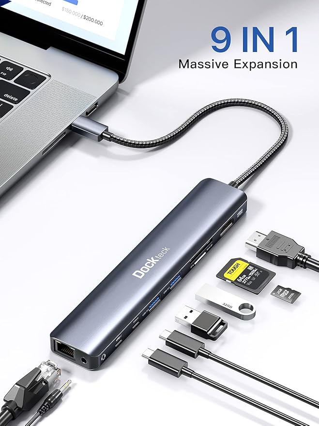 Dockteck 9-in-1 USB-C Hub: HDMI 4K@60Hz, Ethernet, 100W PD, Audio, 2x USB-A 5 Gbps, SD/TF Card Reader for MacBook, iPad, XPS, Microsoft