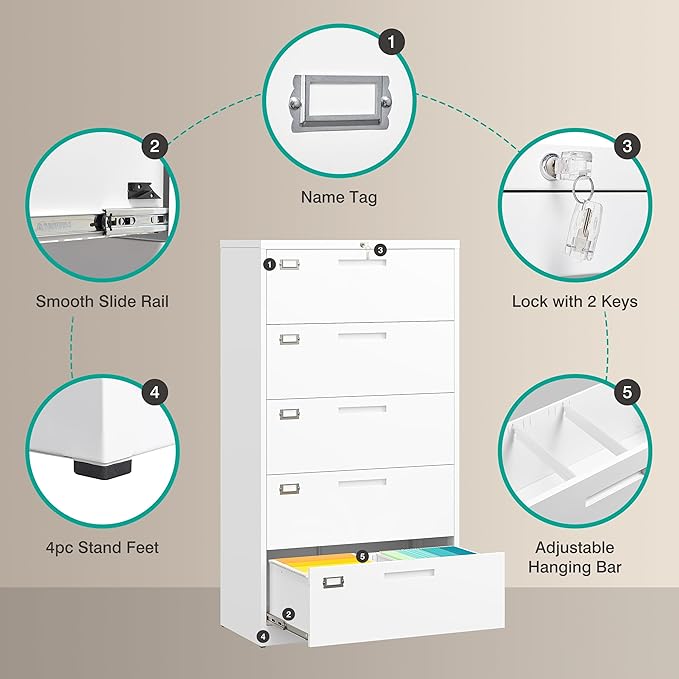 SISESOL 5 Drawer Lateral File Cabinet with Lock,White Lateral Filing Cabinet,Horizontal Metal Filing Cabinets,Large Locked Wide Five Drawer File Cabinets for Office Home,Fit A4/F4/Letter/Legal File