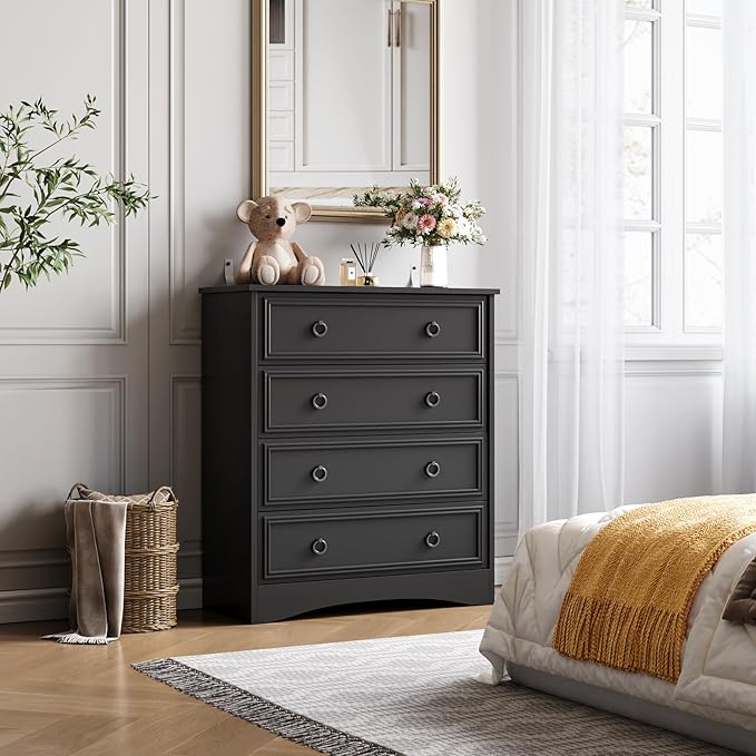 LGHM Modern 4 Drawer Dresser, Tall Dressers for Bedroom, Chest of Drawers Closet Organizers and Storage for Clothes - Easy Pull Handle, Textured Borders Drawers for Living Room, Hallway, Black