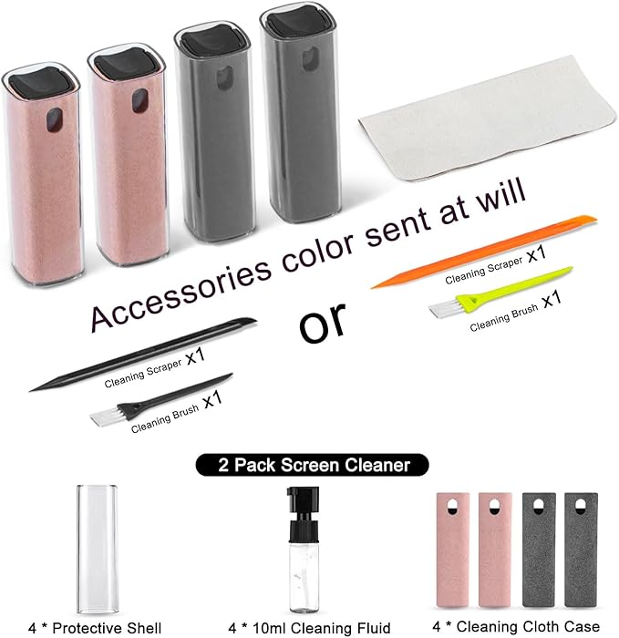 walrfid 4Pcs Car Screen Cleaner, Computer Screen Cleaner Spray and Wipe, Laptop Cleaner Kit for Cleaning iPad, iPhone, Cellphone, Monitor, Macbook Pro, Car Display, Electronic Device Screen, Grey Pink