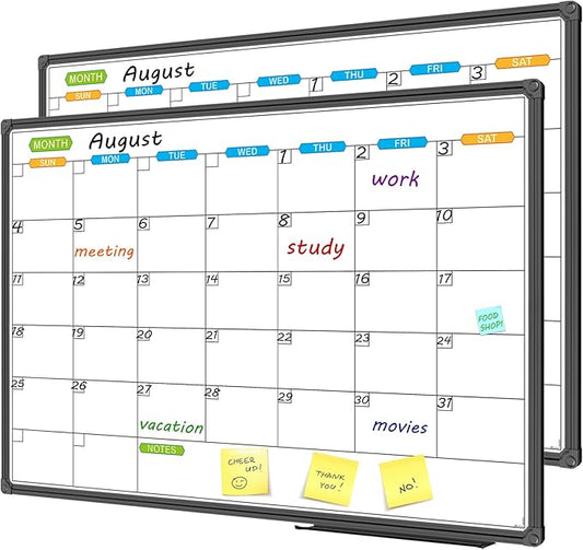 JILoffice Dry Erase Calendar Whiteboard - Magnetic White Board Calendar Monthly 36 X 24 Inch, 2 Pack, Black Aluminium Frame Wall Mounted Board for Office Home and School