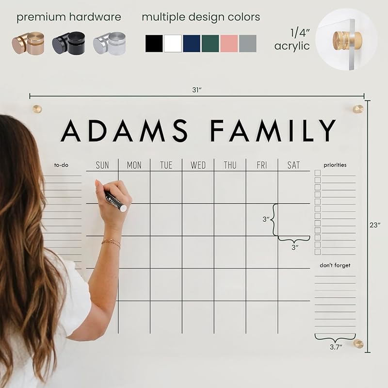 Personalized Clear Acrylic Calendar for Wall, Calendar Whiteboard for Wall, Dry Erase Wall Calendar, Wall Calendar Organizer System for Home (Block, Grey, 31"W x 23"H)