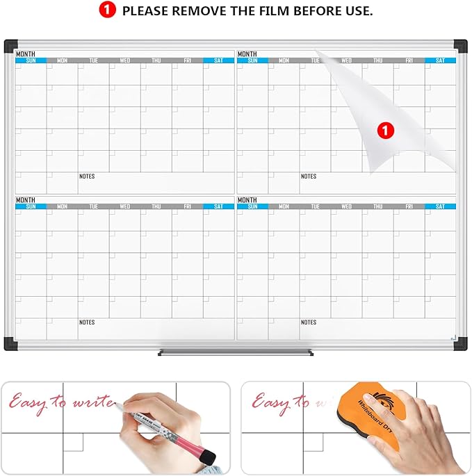 XBoard Magnetic Calendar Whiteboard 36" x 24", 4 Months Calendar Dry Erase Board, Silver Aluminium Framed White Board Planner for Home School Office Organization