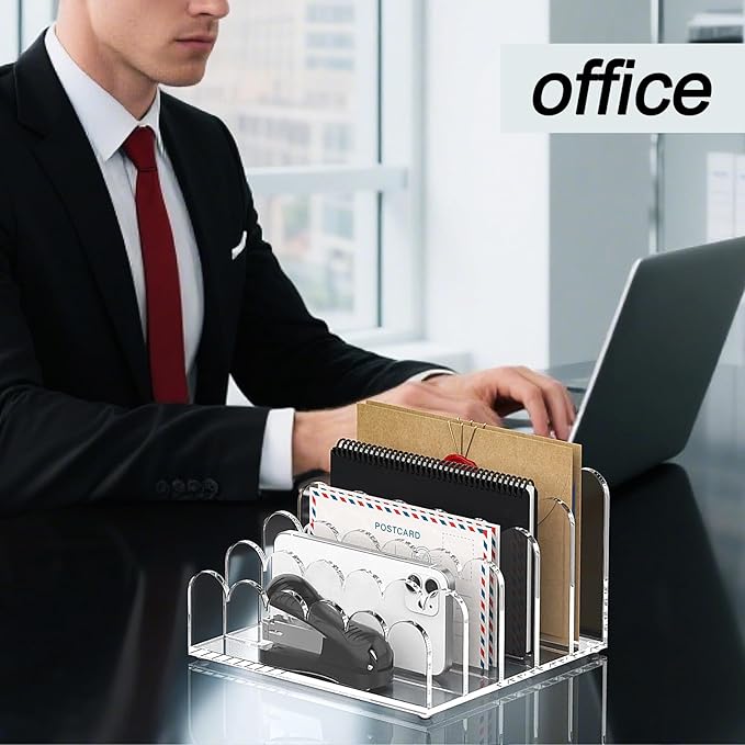 YAGELI 2 Pack 5-Slot Acrylic Mail Organizer for Desktop – Scalloped Clear Document Sorter, Vertical File Holder for Office/Home, Space-Saving Desk Organizer for Letters, Bills, Stationery