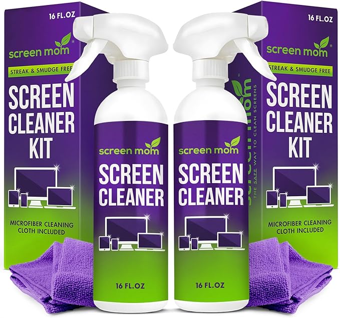 Screen Mom Screen Cleaner Spray and Microfiber Cloth 2-Pack (2x16oz) Screen Cleaner Spray and Wipe for TV, Computer, Phone, iPad, Car Screen Cleaning Kit Electronic Cleaner Spray