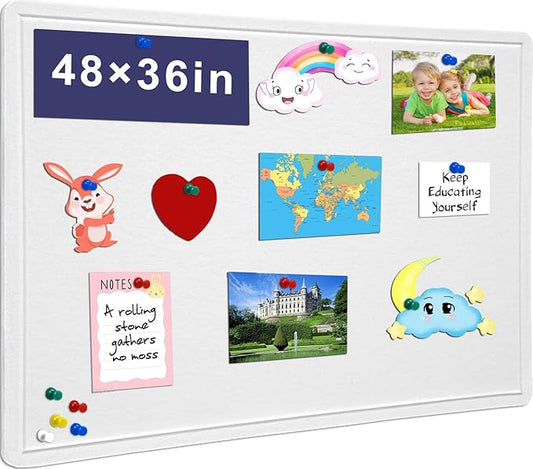 Large Bulletin Board, 48 X 36 inches Felt Board Notice Pin Board,4' x 3' Cork Board Alternative for Wall, Self-Adhesive Vision Board Mood Board Foldable Photo Board with 30 Pushpin-Warm White