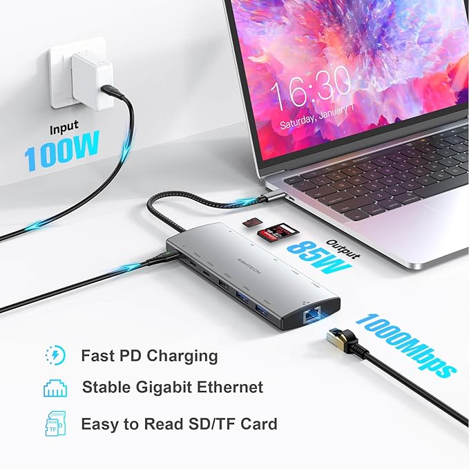 RSHTECH USB C Hub Docking Station Dual Monitor 12 in 1 Triple Display Multiport Adapter with 2 HDMI, 4K DP, 3 USB 3.2 10Gbps, 2 USB 3.0 Ports, 100W PD, Gigabit Ethernet, SD/TF for MacBook, Laptops