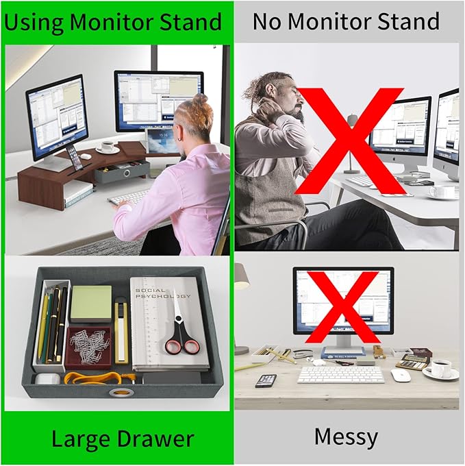 WESTREE Dual Monitor Stand Riser with Drawer - Adjustable Length and Angle, 2 Phone Hold, Desktop Organizer for Computer/Laptop/PC/Printer