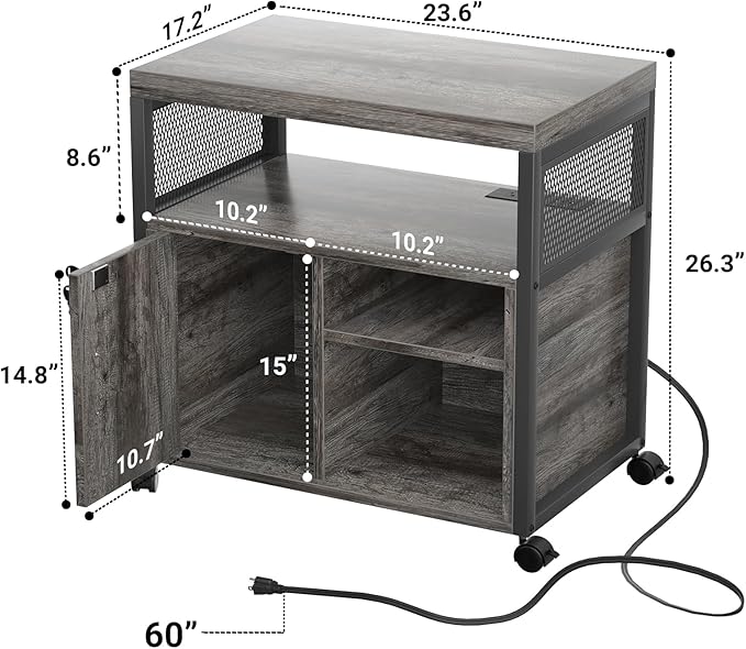 Unikito Rolling File Cabinet Lateral Office Filing Cabinets with Socket and USB Charging Port, Modern Printer Stand on Wheels Printer Cabinet with Door and Open Storage, Lockable, Black Oak