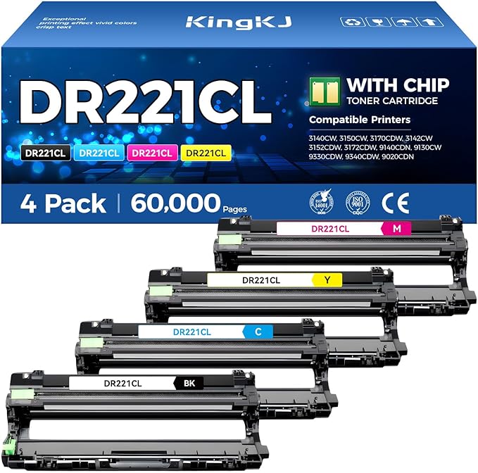 DR221CL Drum Unit (Not Toner)4-Pack Black Cyan Yellow Magent Compatible for Brother DR-221CL Imaging Drum for MFC-9130CW HL-3170CDW MFC-9340CDW HL-3140CW 3150CW MFC-9330CDW 9140CDN DCP-9020CDN Printer