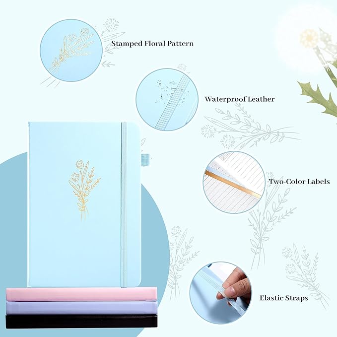 Lined Journal Notebook for Women Cute Leather Journaling Notebooks for Writing 192 Pages A5 Hardcover Aesthetic Floral Diary, 5.7 x 8.3 In, Blue