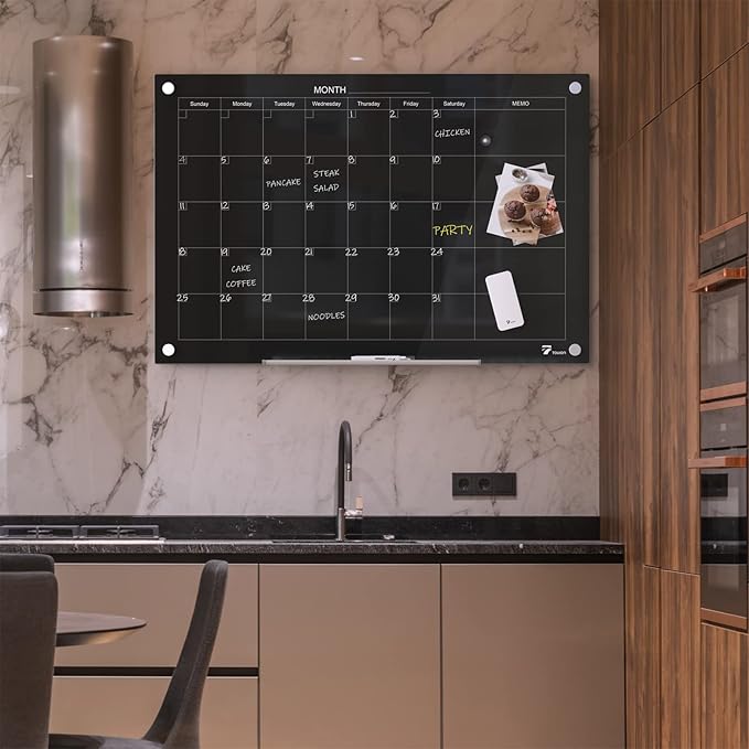 TOWON 47 x 35 Inch Glass Dry Erase Board Reminder, Magnetic Whiteboard Calendar Yearly, Monthly Planner Set for Office, Kitchen and School, Black