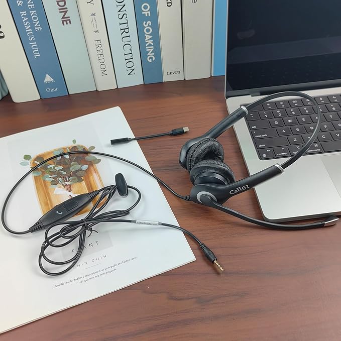 Callez Computer Headset, 3.5mm Cell Phone Headset with Mic Noise Cancelling, USB-C Wired Headphone for PC Laptop Mac iPhone Samsung Zoom Teams Call Center Home Office Work, in-line Controls