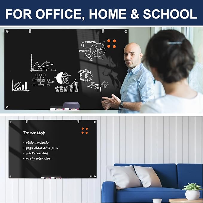 TSJ OFFICE Glass Dry-Erase Board - 36 x 24 Inches Wall Mounted Black Glass Magnetic Whiteboard, Frameless Large White Board for Office, Home & School
