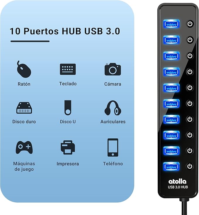 Powered USB 3.0 Hub, atolla 10 Ports USB Data Hub Splitter with Individual ON/Off Switches and 12V/2.5A Power Adapter USB Extension for Mouse, Keyboard, Hard Drive or More USB Devices
