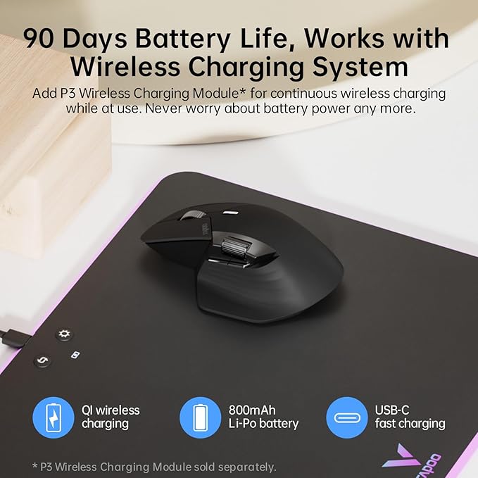 Rapoo MT760 Multi-Device Wireless Mouse, Bluetooth 5.0 and 2.4G Multi-Mode Connection, Up to 4 Devices, 11 Programmable Buttons, 4K DPI, 90 Days Battery Life, PC, Matte Black