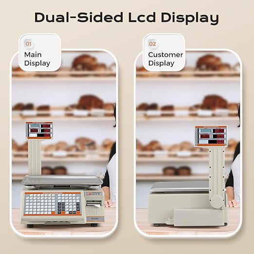 Bonvoisin Label Printing Scale 66lbs Capacity Price Computing Scale Pole Display with Label and Receipt Printer Commercial Barcode Scale for Retail Store, Supermarket and Farm