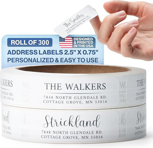 300 Personalized Address Labels - Glossy White Return Address Label 2.5" x 0.75'', Stylish Fonts for Envelopes & Packages, Customizable Labels for Home or Office Use
