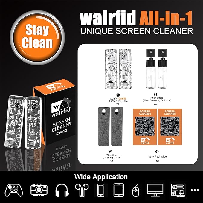walrfid 2pcs Car Screen Cleaner, Computer Screen Cleaner Spray and Wipe, Laptop Cleaning Mist Kit for Electronic iPad, iPhone, Phone, MacBook, TV, Monitor, Tablet Display, with Graffiti Case, Grey