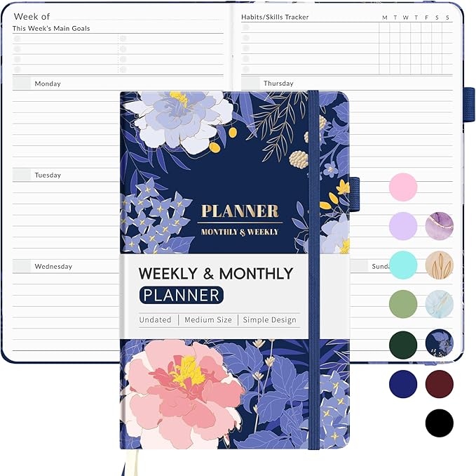 Undated Weekly Planner for 2025, Forvencer Simplified Weekly & Monthly Calendar Planner, Cute Daily Organizer Notebook, Agenda Journal to Track Goals & Tasks, Start Anytime, A5 Size, Navy Floral