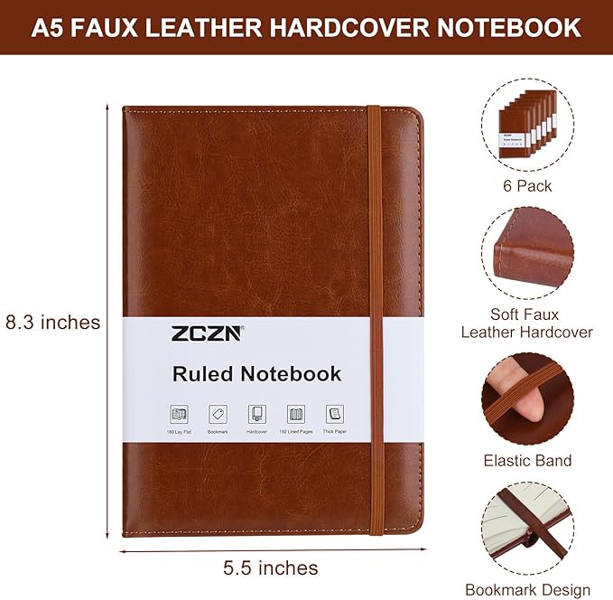 ZCZN 6 Pack Lined Journal Notebooks, 192 Pages A5 Hardcover Leather Journals for Work,Writing,School & Travel, College Ruled Journaling Notebooks for Notes Taking,Diary Journal (Black+Brown+Green)*2