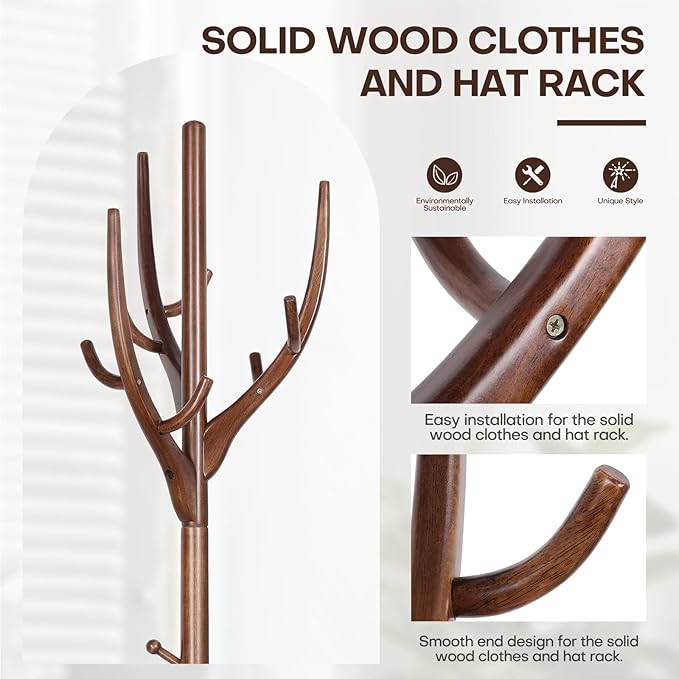Wood Coat Rack, Coat Tree Freestanding Wooden Coat Rack Stand with 12 Hooks, Heavy Duty Hall Tree Coat Hat Stand with Sturdy Base, Free Standing Coat Racks for Entryway, Bedroom, Brown