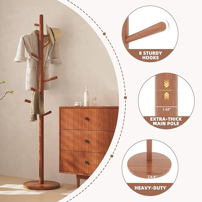 Uniclinens Coat Rack Freestanding Solid Wood Coat Tree Standing with 8 Hooks, Coat Rack Stand Creative Tree Branch-Look (Teak)