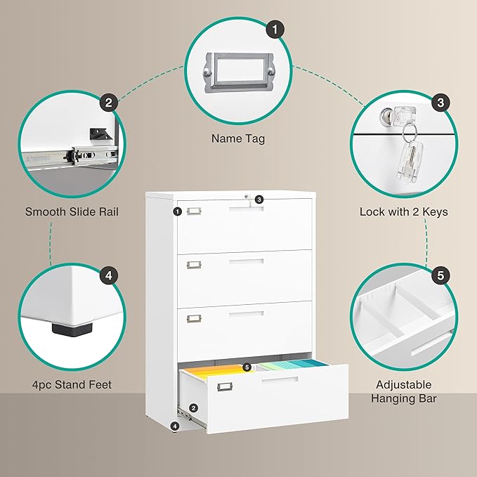 4 Drawer Lateral File Cabinet with Lock,White Lateral Filing Cabinet,Horizontal Metal Filing Cabinet,Locked Wide Four Drawer File Cabinet for Office Home,Fit A4/F4/Letter/Legal File,-Assembly Required