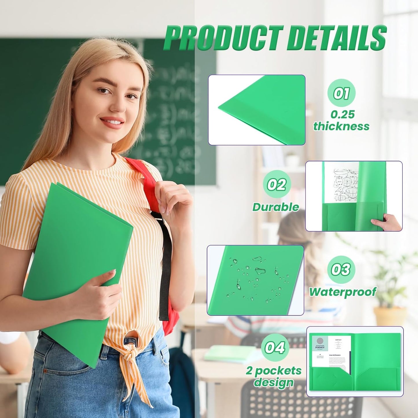 Gueevin 50 Pcs Plastic Folders with Pockets, Back to School Two Pocket Folder Fit Letter Size, Heavy Duty School Business Card Holder for Home Office, 11. 61 x 9. 45 Inches (Green)