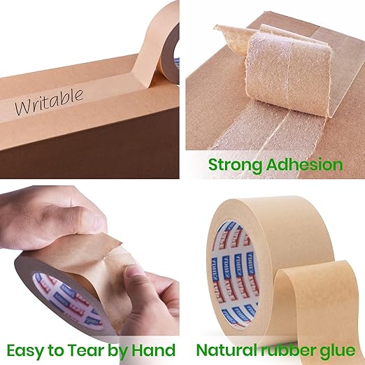 ADHES Heavy Duty Kraft Paper Tape, 2 Inch x 43 Yards, 6 Rolls Eco Friendly & Biodegradable, Writable & Uncoated Brown Packing Tape Paper Packing Tape for Masking, Sealing, and Packaging Use,
