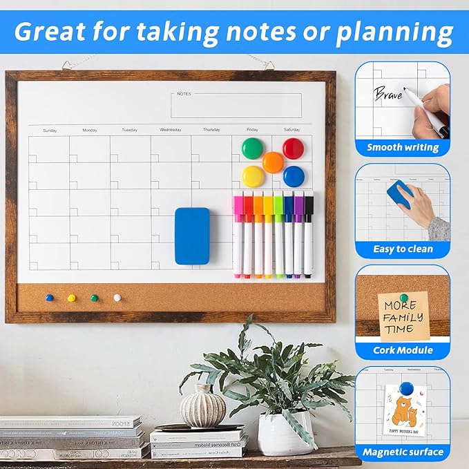 Dry Erase Calendar Whiteboard, 17" x 13" Magnetic Whiteboard Cork Board Combo, Reusable Monthly Planner with 8 Markers, Eraser, Magnets and Pushpins, Hanging Dry Erase Board for Home, School - Brown