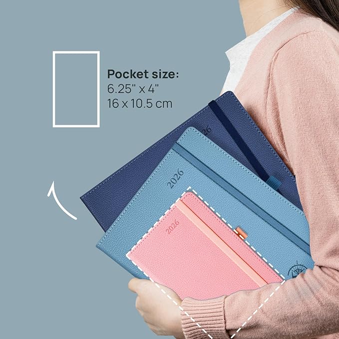 POPRUN Weekly Planner 2026 Calendar (Pocket 4'' x 6.25'') 12 Months Notebook with Horizontal Layout, Leather Hardcover, Inner Pocket, 100GSM Thick Paper, Pen Holder TJ - Black