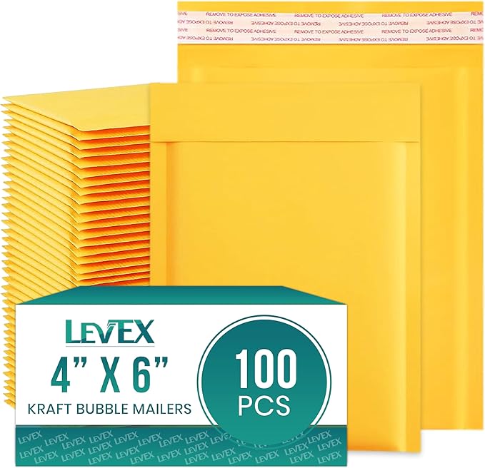Levex - #0000 4" x 6" [100 Pack) Kraft Bubble Mailers, Padded Envelope Mailers, Packing Envelope & Mailing Bags for Shipping