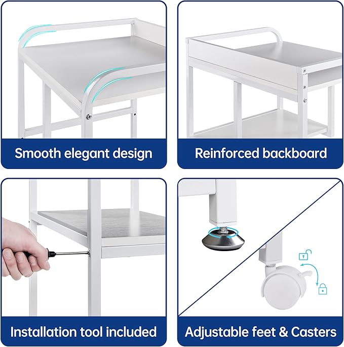 Large Printer Stand Table with Storage Shelf for Host Computer, PC Tower, CPU and Shredder, 3 Tier Rolling Printer Cart with Wheels for Home Office Storage and Organization - White