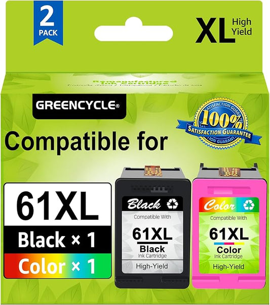 GREENCYCLE 61XL Ink Cartridges Combo Pack Replacement for HP 61 XL Black and Color Ink Compatible with Envy 4500 5530 Deskjet 1000 1056 1510 1512 1010 1055 OfficeJet 4630 Printer,2 Pack
