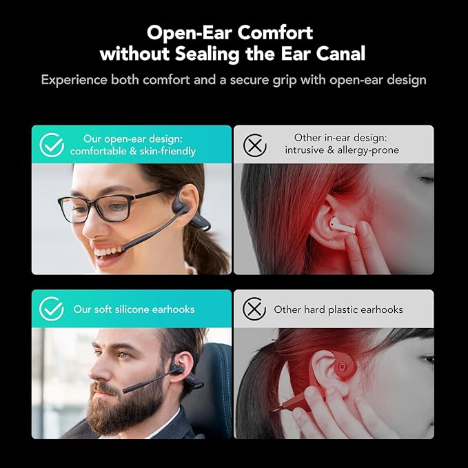 NUROUM OpenEar Pro Headphones with Mic, ENC Noise Cancelling Microphone, Bluetooth 5.3 Multi-Point Connection, Sweatproof Wireless Headset for Work, 15H Comfort for Driving, Office, Workout OW20B-C
