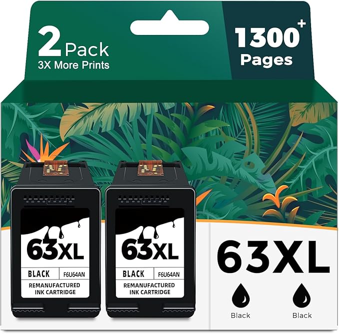 63XL Black Ink Cartridge Replacement for HP 63 HP63 XL 63XL BK Ink for 3830 4650 4652 4655 5200 5252 5255 5258 4520 4512 1112 2132 3630 3632 3631 2130 4510 4654 Printer 2-Pack High Yield Cartridge