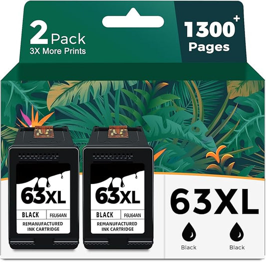 63XL Black Ink Cartridge Replacement for HP 63 HP63 XL 63XL BK Ink for 3830 4650 4652 4655 5200 5252 5255 5258 4520 4512 1112 2132 3630 3632 3631 2130 4510 4654 Printer 2-Pack High Yield Cartridge
