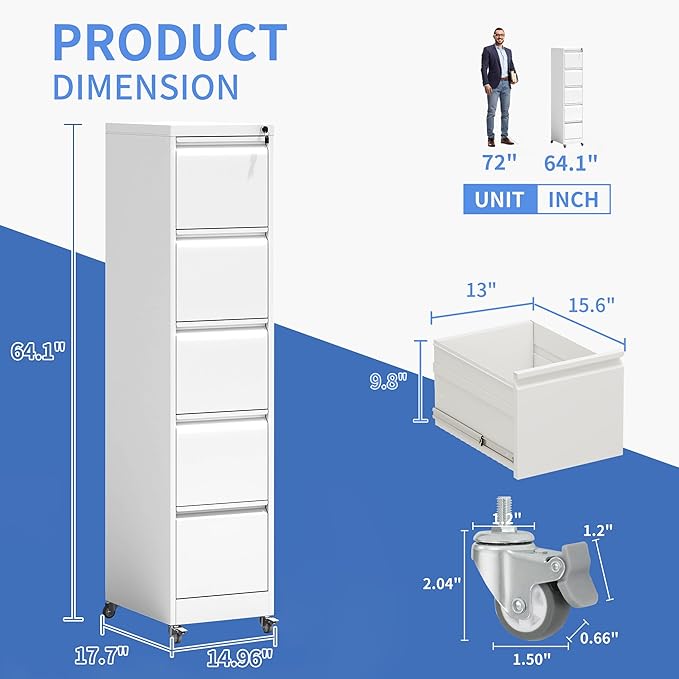 5 Drawer Mobile File Cabinet, Filing Cabinet Home Office for Letter, Legal Size, White