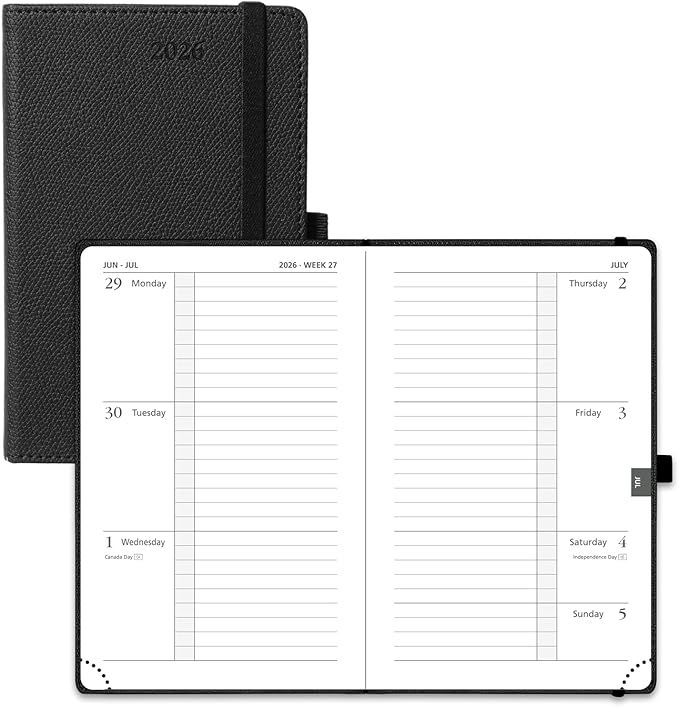 POPRUN Weekly Planner 2026 Calendar (Pocket 4'' x 6.25'') 12 Months Notebook with Horizontal Layout, Leather Hardcover, Inner Pocket, 100GSM Thick Paper, Pen Holder TJ - Black