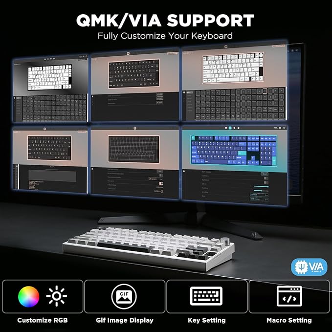 YUNZII AL80 Wireless Mechanical Keyboard,Full Aluminum CNC, Smart LCD Display,Hot Swappable Gasket Mount 75% Layout with Knob,BT/2.4G/USB-C,QMK/VIA Support for Win/Mac (Silver, Gateron Zero Switch)