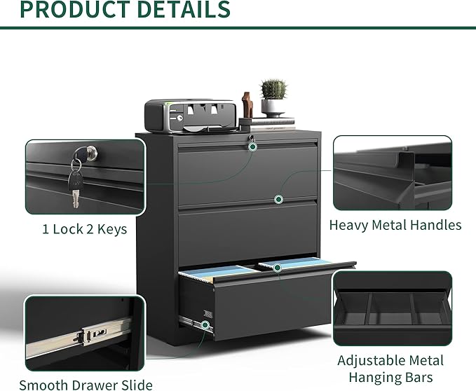 3 Drawer Lateral File Cabinet, File Cabinets for Home Office Legal/Letter A4 Size, File Cabinet with 3 Drawer Cabinet, Require Assembly, Black