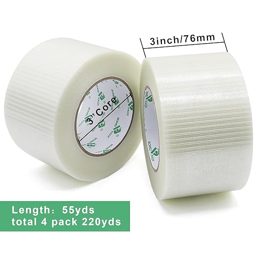 BOMEI PACK Fiber Reinforced Packing Tape 3 inch, Wide Clear Heavy Duty Bi Directional Filament Strapping Tape 3Inch x 55yds 6.7Mil, Total 4Rolls 220yds