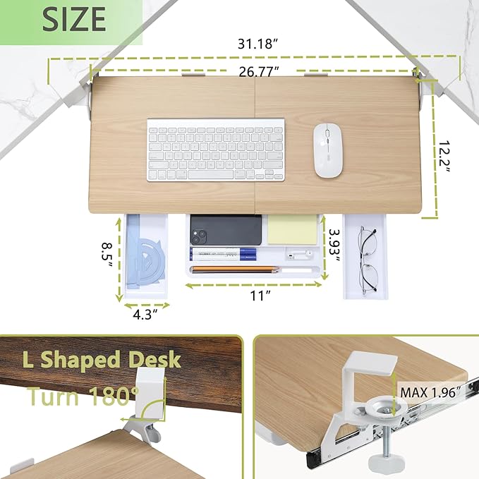 ETHU Keyboard Tray Under Desk, Ergonomic Corner Keyboard Tray with 180° Adjustable C Clamp for L Shape Desk 26.77" X 12.2" Easy to Install, Computer Keyboard Stand for Home and Office(Oak)