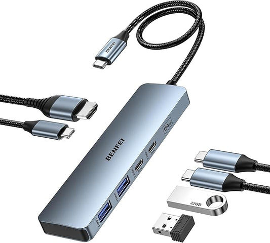 BENFEI USB C HUB 6-in-1 with HDMI(4K@60Hz), 100W Power Delivery, 10Gbps 2*USB-A and 2*USB-C, Silicone Cable, Aluminum Case Compatible with iPhone 15 Pro/Max, MacBook, iPad Pro, iMac, S23, XPS17