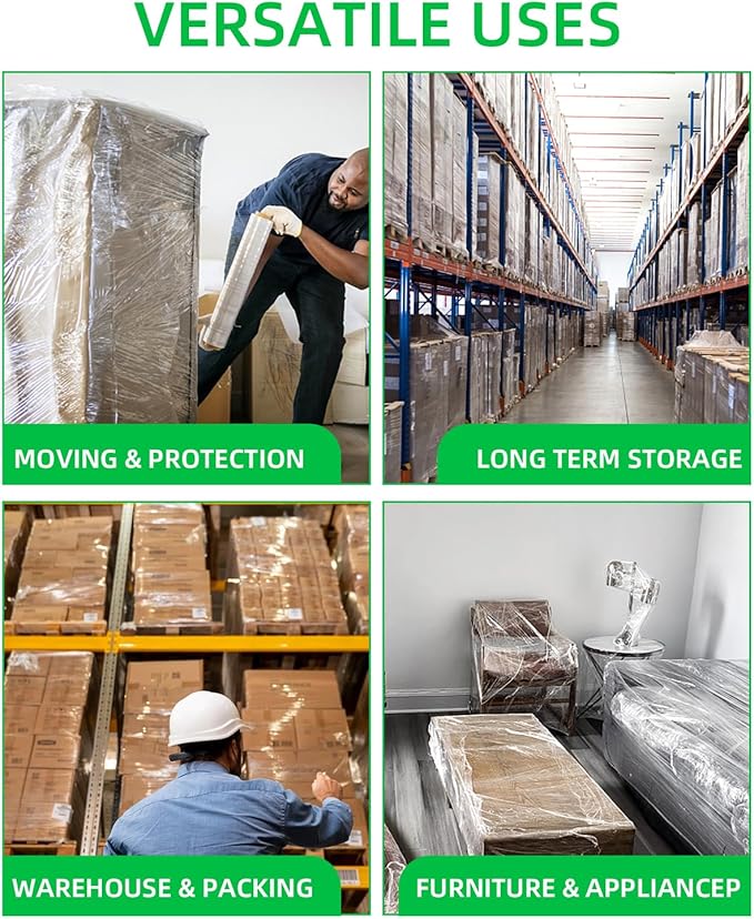 Stretch Wrap Roll - Heavy Duty Industrial Strength 18inch 1500ft,Clear Cling Shrink Wrap Film Roll 80 Gauge - Ideal for Furniture, Moving, Shipping, and Pallet Packing(Clear-4Pack)