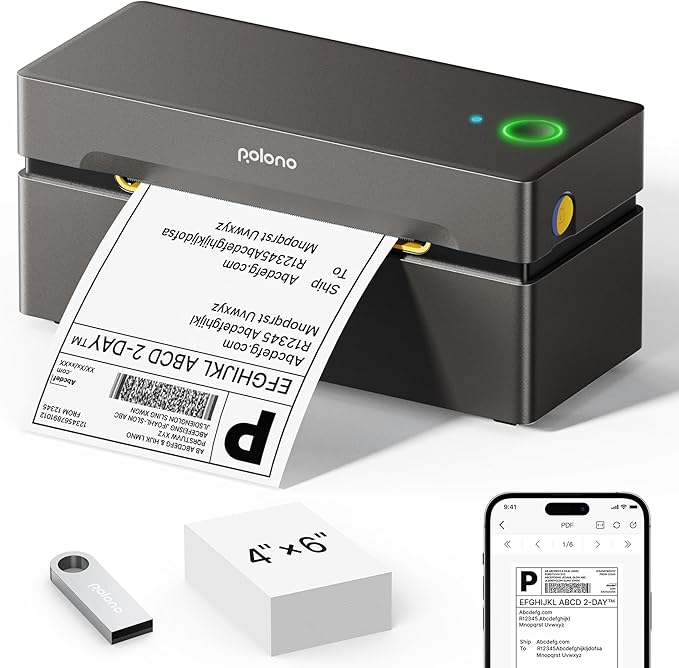 POLONO Bluetooth Thermal Shipping Label Printer, Wireless 4x6 Shipping Label Printer for Small Business, Support iOS, Android, Windows and Mac, Compatible with Amazon, Ebay, Shopify, Etsy, USPS(Brown)