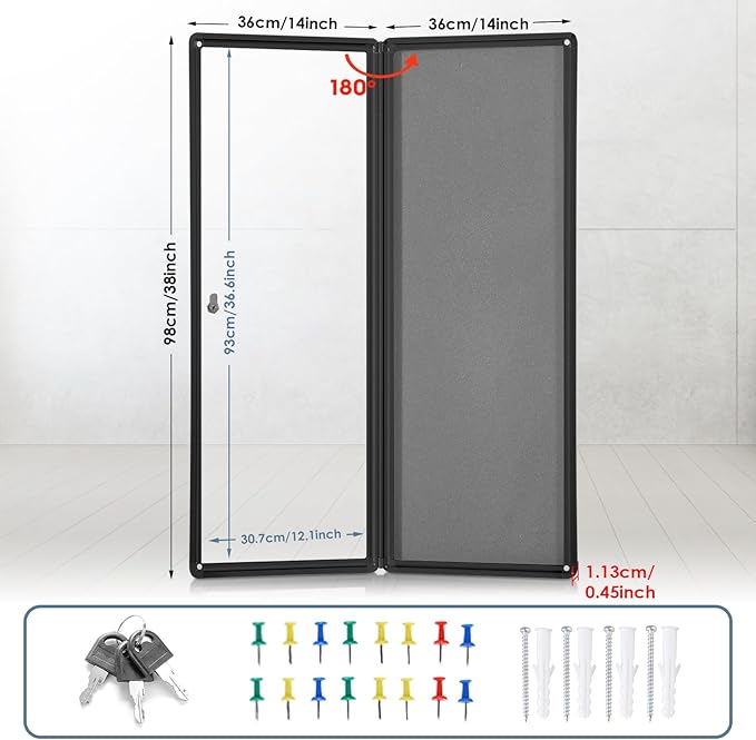 Enclosed Bulletin Board,Lockable Noticeboard with Locking Door,Wall Display Case for Indoor, Tamperproof and Shatter Resistant, Black, Aluminum Frame, 38 x 14 in